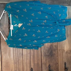 Teal blouse with feather print